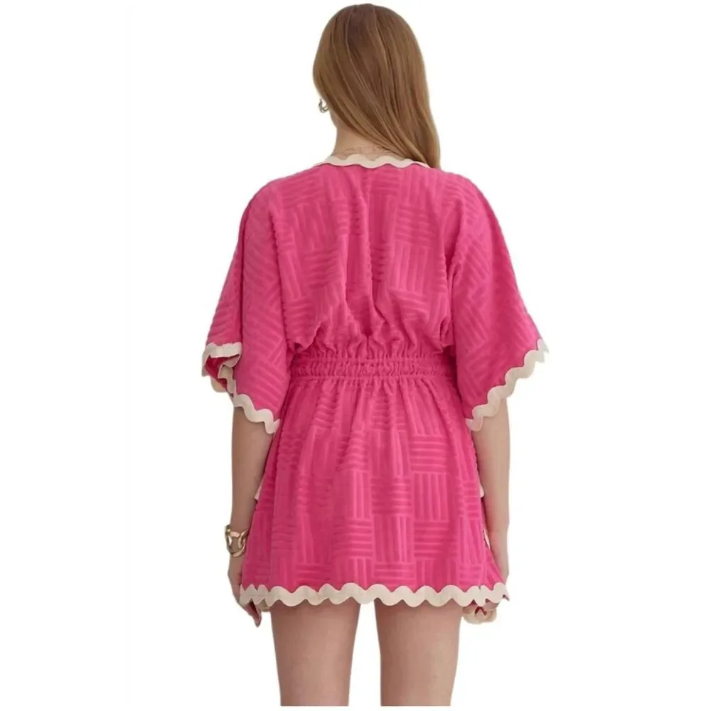 Entro Hot Pink Fuschia with White Ric Rac Swim Terry Cloth Cover-Up